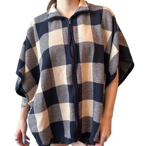 Jones New York Women's Poncho | Size 2X/3X | Blue & Cream Plaid Knit Wrap